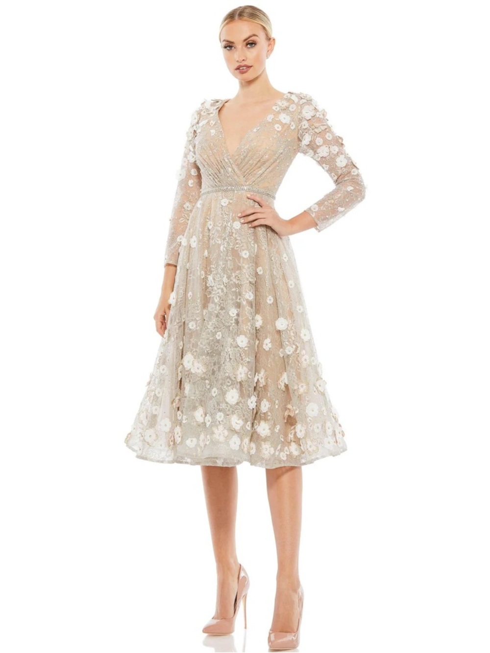 Mac Duggal Beaded Deep-V Neck Lace Dress